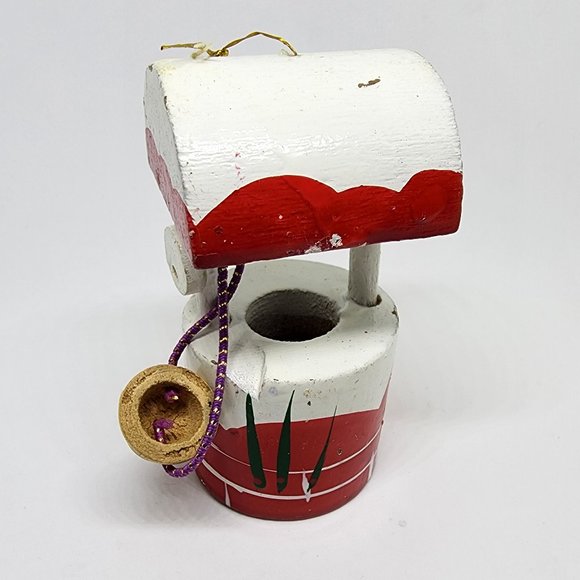 Christmas Vintage Red White Wishing Well Bucket Wood Holiday Ornament - Picture 2 of 9